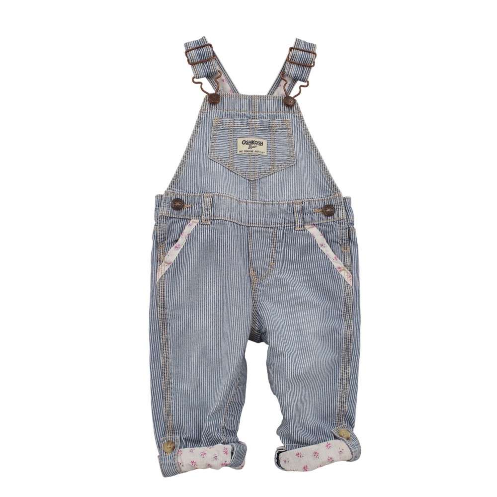 OshKosh Bgosh Baby Girls Hickory Stripe Floral Denim Overalls Blue White 9M